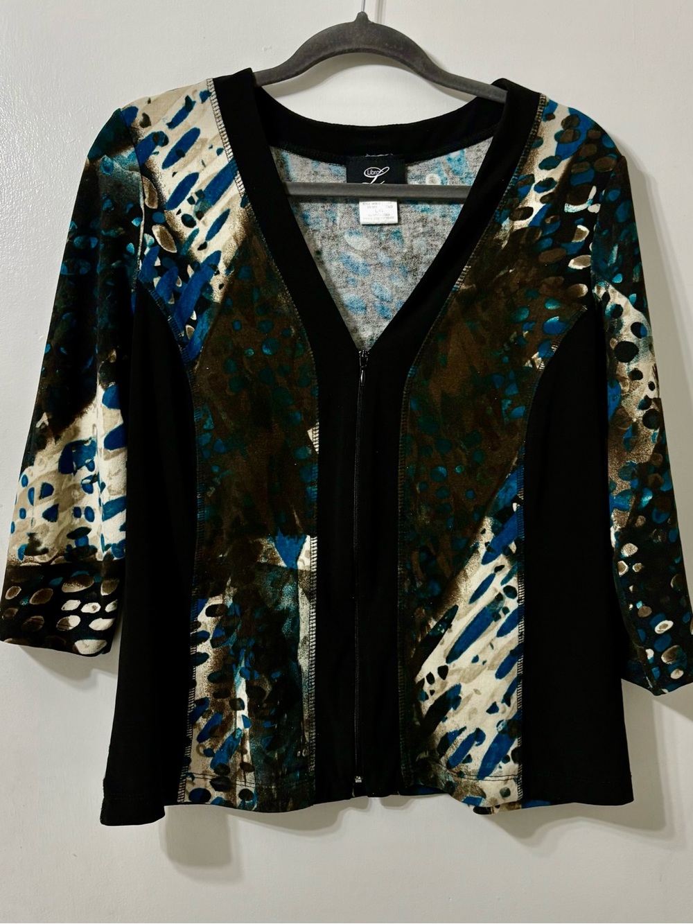 Women's Black Zip-Front Patterned Jacket with Blue & Green Accents